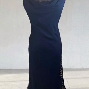 Vintage Y2K navy blue silk embroidered slip dress petite cowl neck beaded
